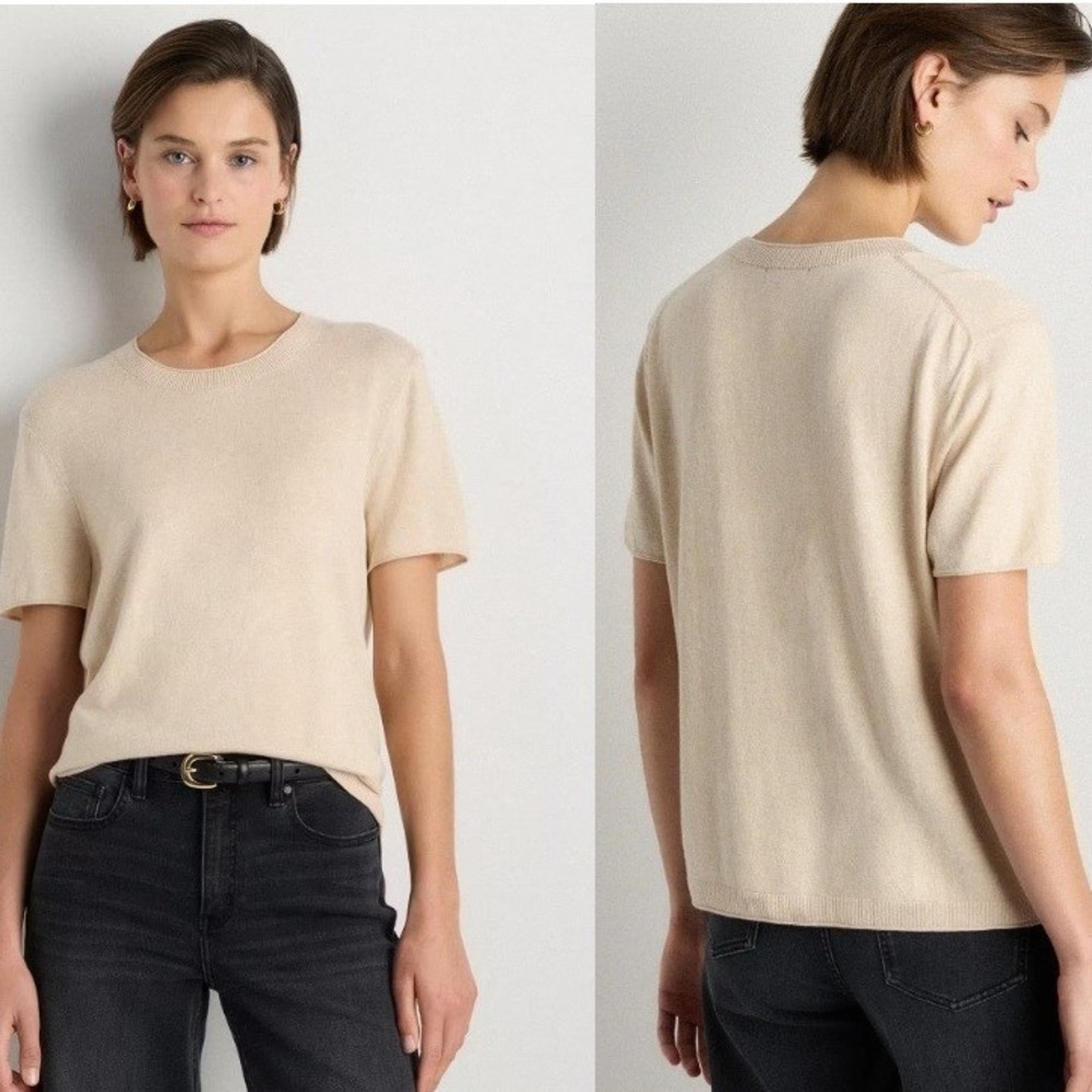 M Quince Short Sleeve Silky Cotton Cashmere Knit Sweater Top heather oatmeal YES